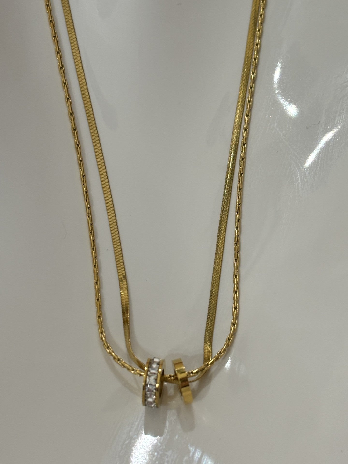 Double Chain Necklace With Double Zirconia Rings