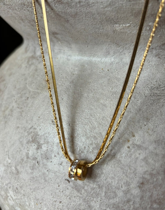 Double Chain Necklace With Double Zirconia Rings