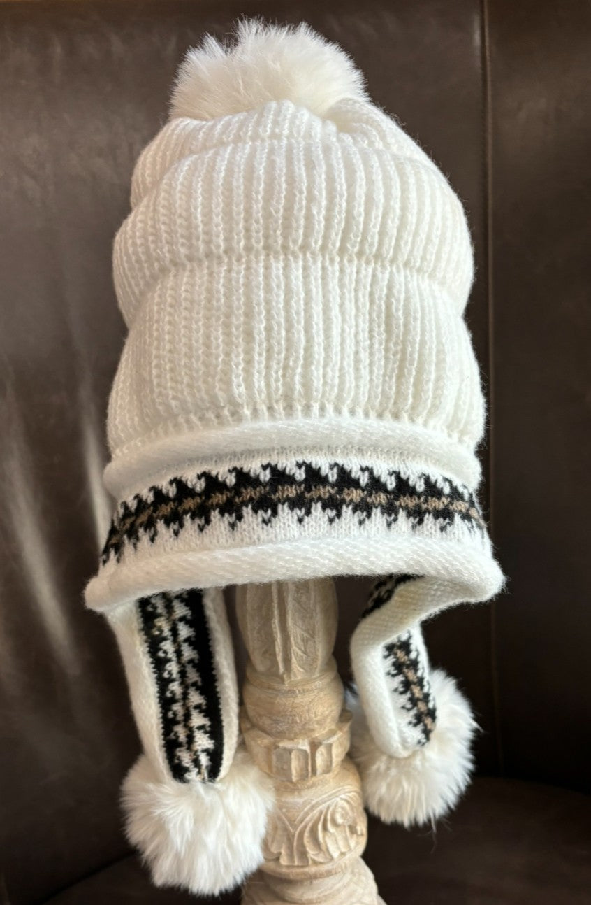 Winter Hat With Long Ear Cover/Fur Poms