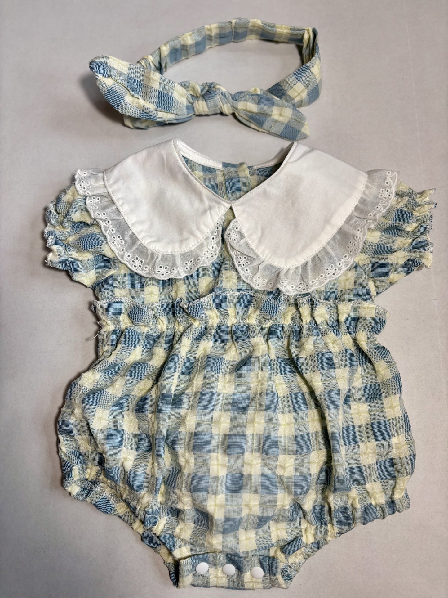 Checked Baby Onesie With Ruffled Collar and Matching Headband