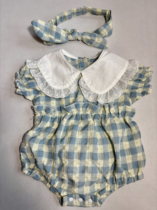 Checked Baby Onesie With Ruffled Collar and Matching Headband