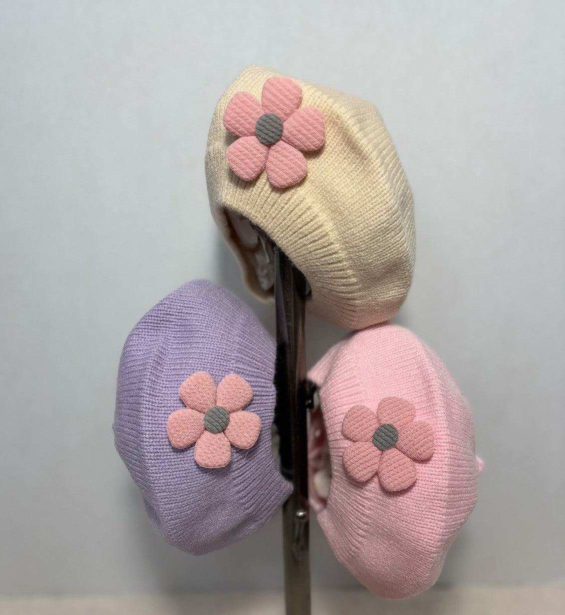 Knit Beret With Crocheted Flower