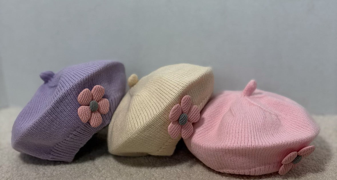 Knit Beret With Crocheted Flower